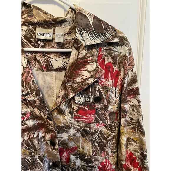 Chico's Feather Print Animal Jacket 4 Pocket Utility Cargo Brown Red Women's 1 S - Picture 8 of 10